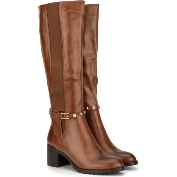 TORGEIS Destiny Camel Riding Knee High Boots Studded Buckle Block Heel NEW - Picture 2 of 12